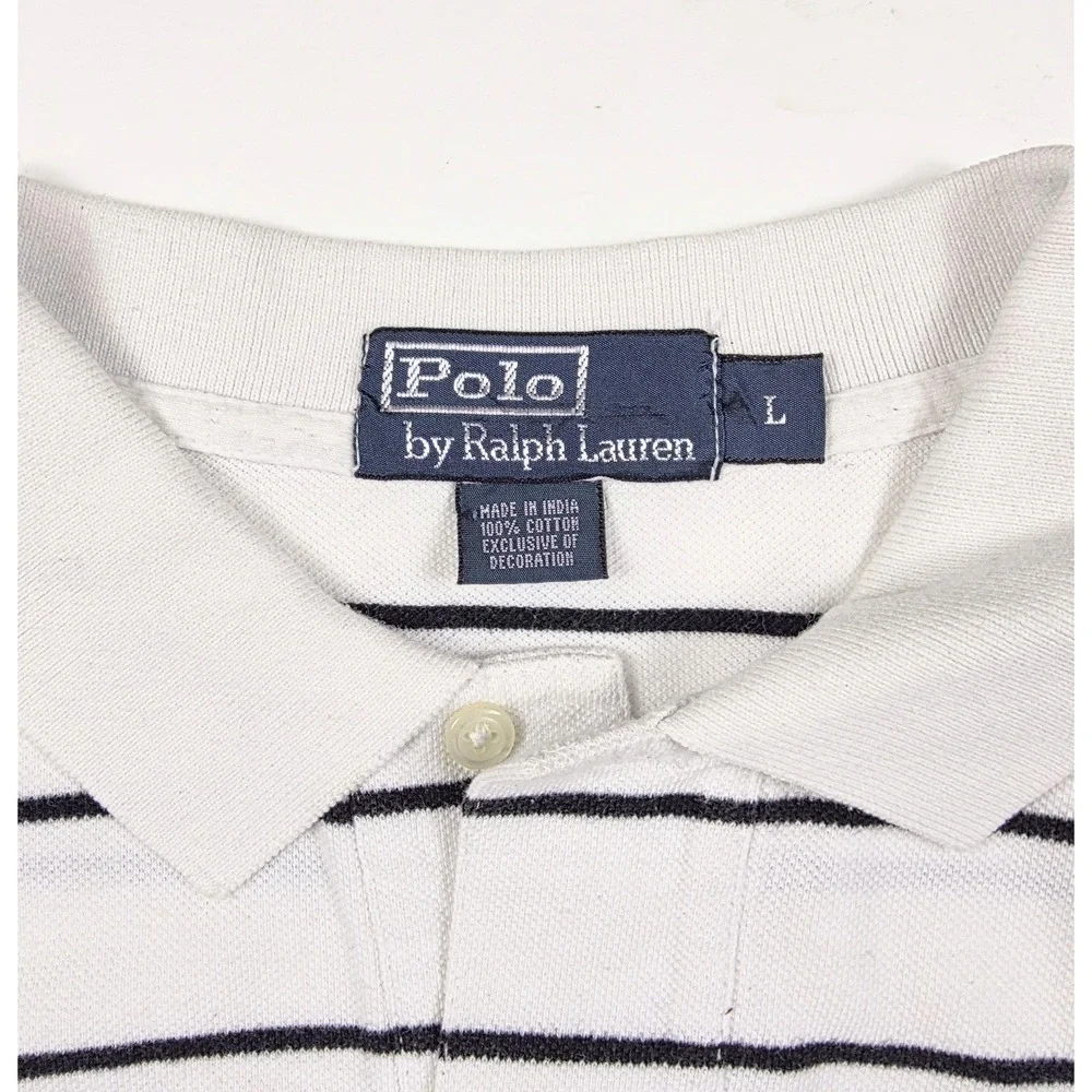 Polo Ralph Lauren White Black Pin Striped 1/4 Button S/Sleeve Polo Men's Size L